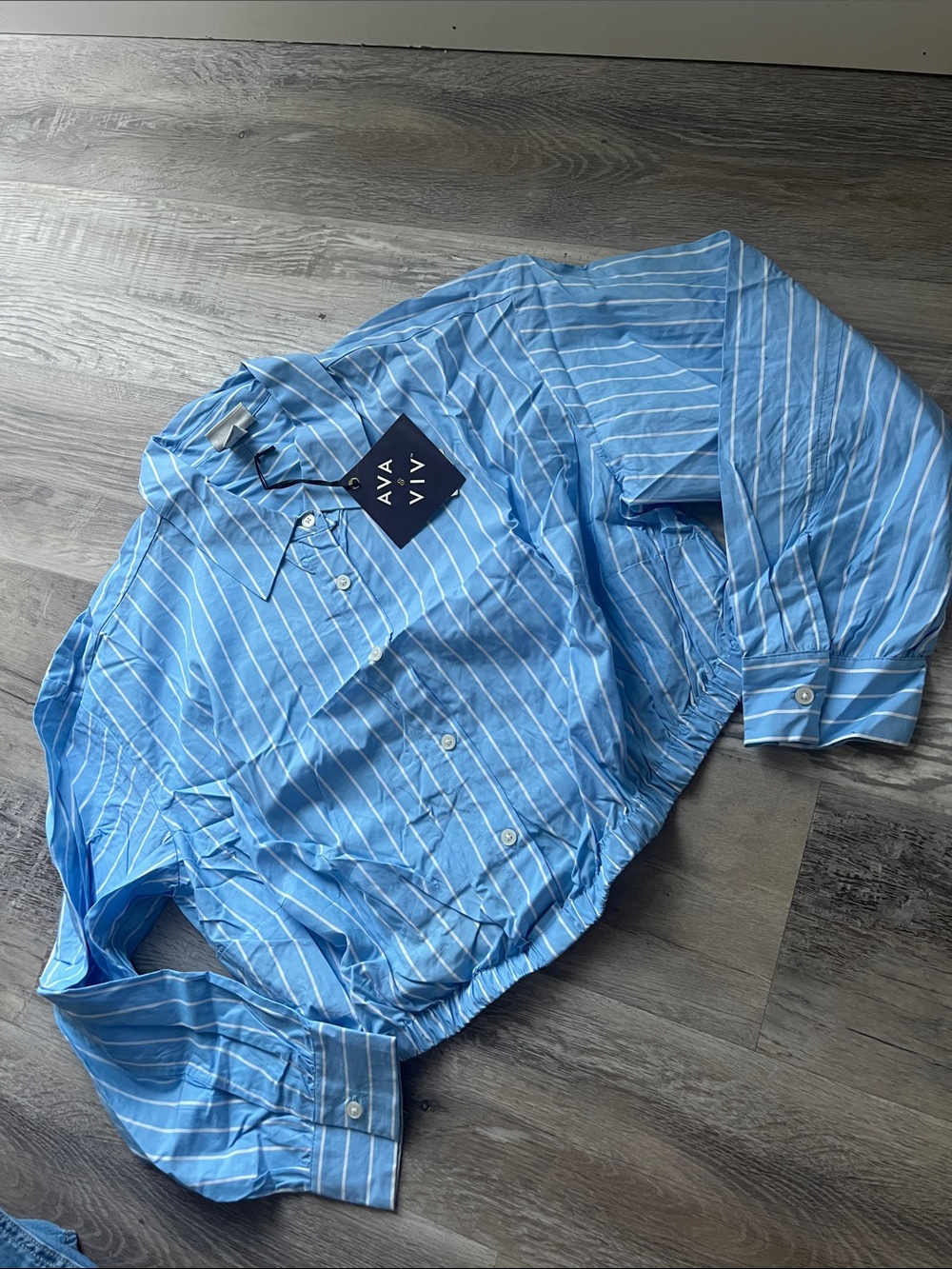 Ava & Viv Light Blue and White Striped Cropped Button-Down Shirt
